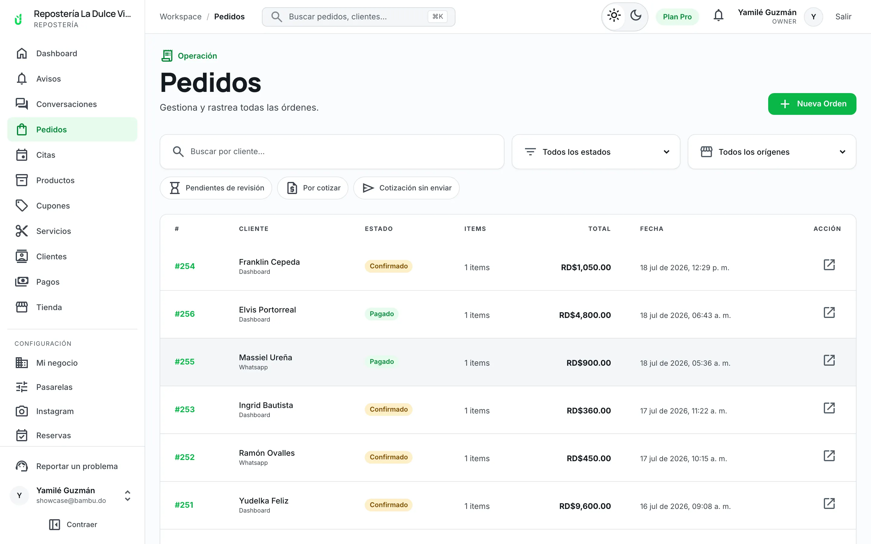 Lista de pedidos con el cliente, el total en pesos, el origen y el estado de cada uno.