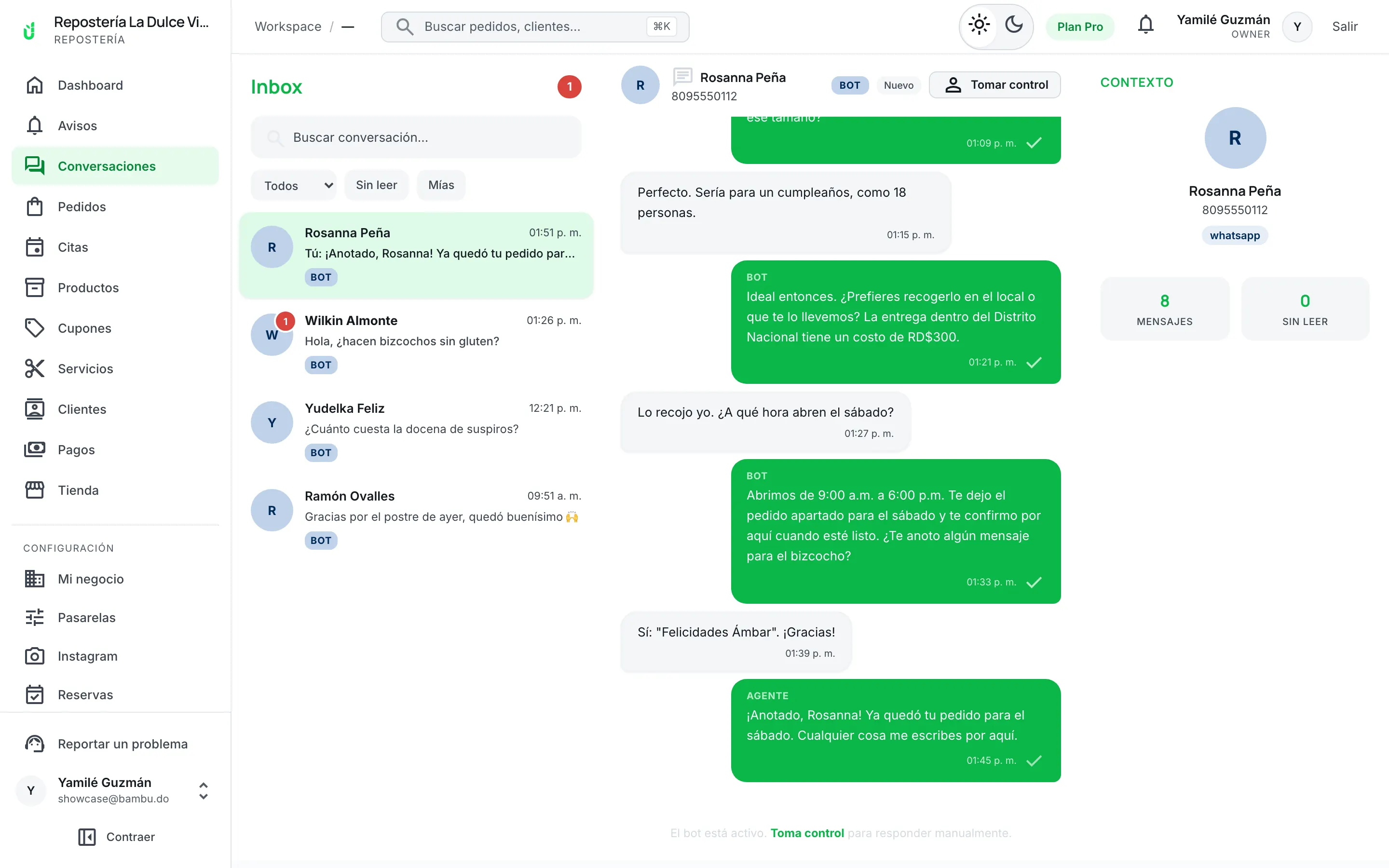 Conversación de WhatsApp donde el asistente de Bambú responde a una clienta y le aparta un pedido.